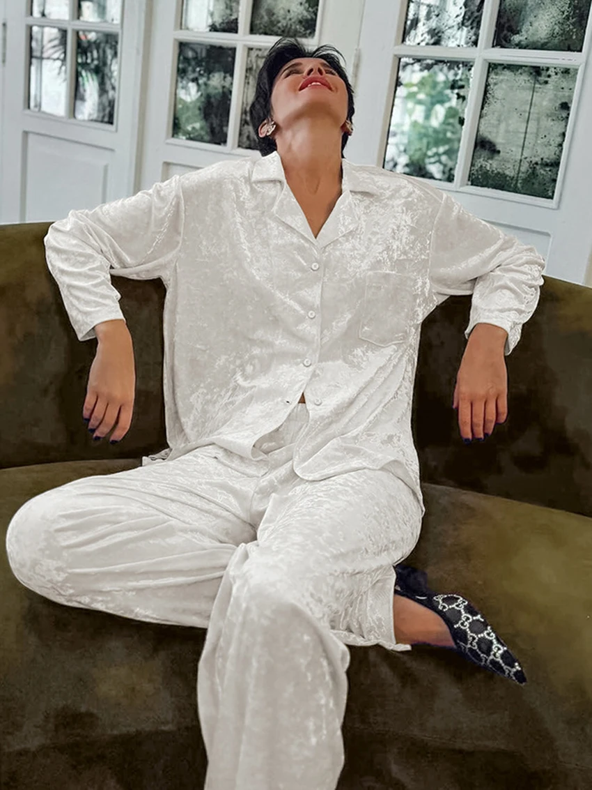 Marthaqiqi Autumn Loose Female Sleepwear Set Long Sleeve Pajamas Turn-Down Collar Nightgowns Pants Casual Women'S Nightwear Suit