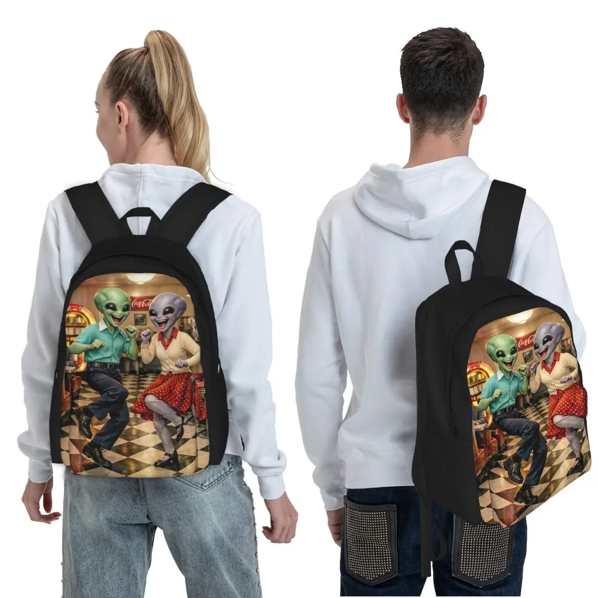 Alien Couple Rocking And Rolling In A 50's Diner Student Backpack School Bag Hiking Travel Daypack Fashion Bookbag Shoulder Bags