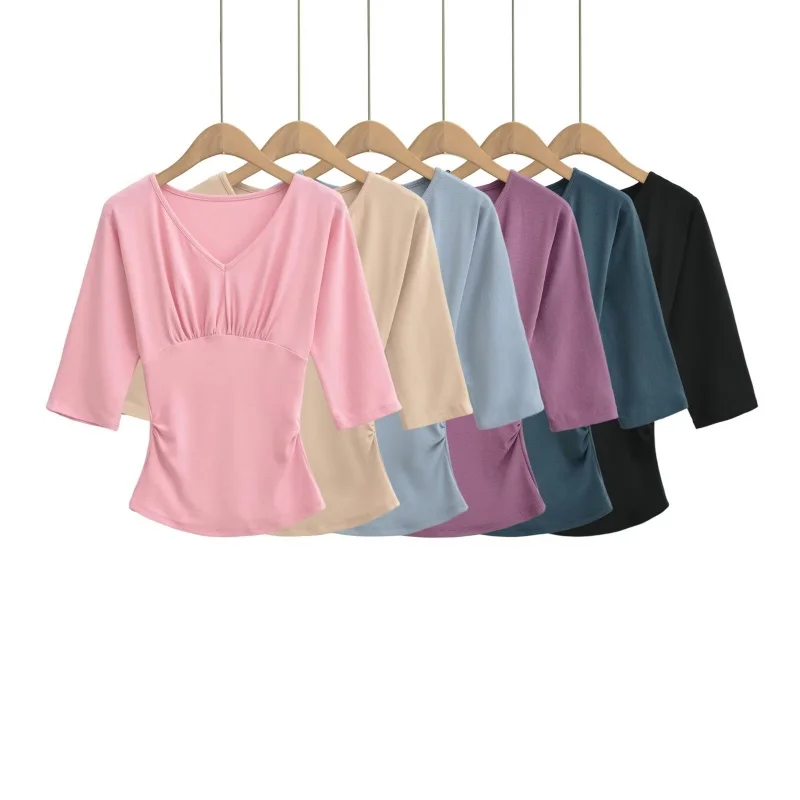 Slim Fit Deep V-Neck Seven-Quarter Sleeve Base Shirt Pleated Waist Side Slimming Elastic Versatile Inner Wear Top for Women