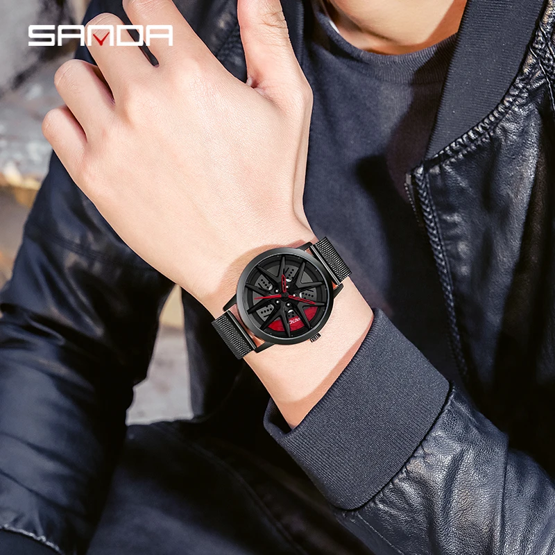 SANDA 1071 Luxury Fashion Waterproof Watch Sports Car Rim Hub Wheel Wristwatch Quartz Men's Watches Creative Relogio Masculino