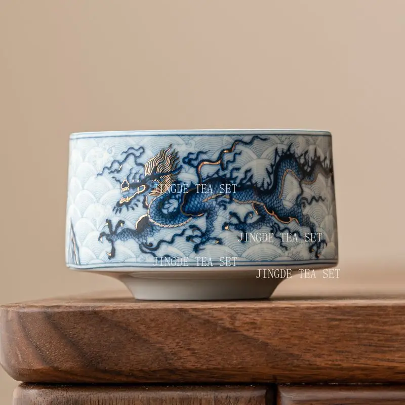 1pc 120ml Blue and White Porcelain Master Teacup Dragon & Sea Wave Pattern Straight Tasting Cup Chinese Kung Fu Tea Cup