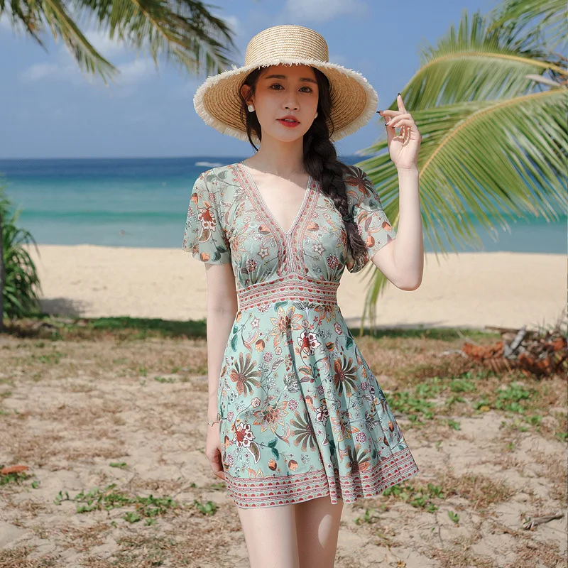 2024 New Korean Style Swimwear V-neck One Piece Swimsuit Vintage Dress Women Bathing Suits Vacation Floral Beach Wear Monokini