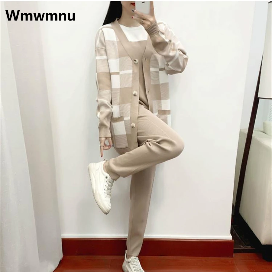 Casual Fashion 3 Piece Set V-neck Korean Knitted Cardigan Conjunto Fall Winter Women Pants Outfits Elegant Sweatpants Ensemble