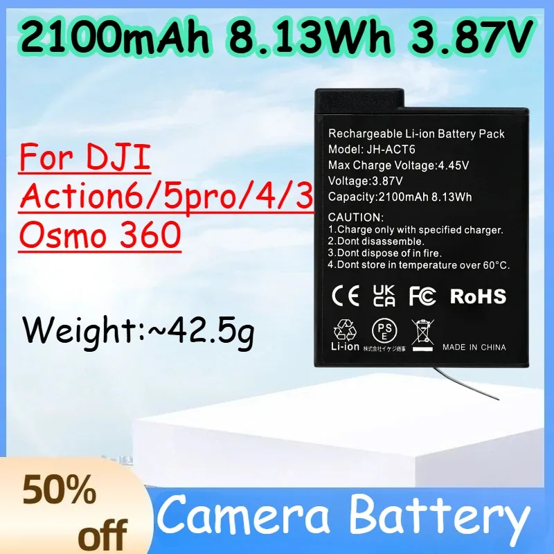 

2100mAh 8.13Wh 3.87V Camera Battery for DJI Action6/5pro/4/3 Osmo 360 Long - Lasting Rechargeable Battery for Action Cameras