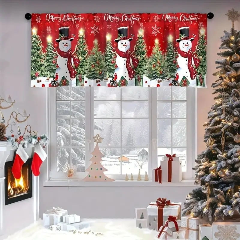 VIKAMA Holiday Short Window Curtain Snowman Pine Tree Snowflake Design Rod Pocket Valance For Christmas Home Kitchen Decor