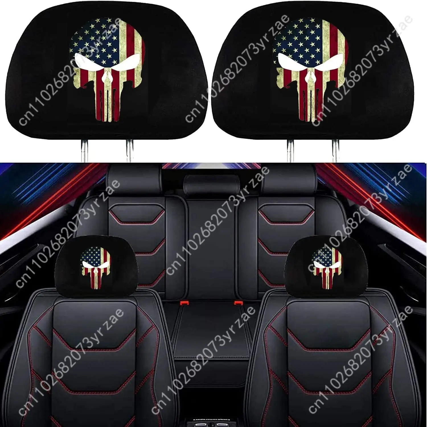 

American Skull Flag Seat Headrest Cover (2pcs) Environmentally Friendly Headrest Protector Breathable Comfortable Vehicle Decor