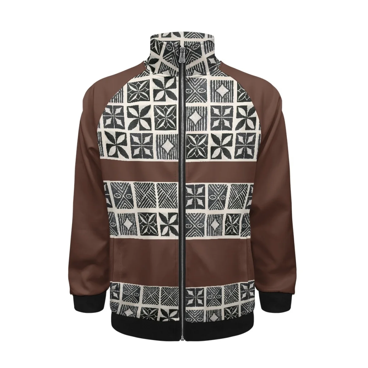 Hoodie Mens Streetwear Outer Custom Polynesian Tribal Tapa Brown Print Casual Stand Collar Raglan Zip up Sweatshirt Jacket