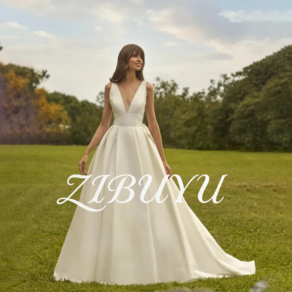 

ZIBUYU Customized Minimalist Satin Wedding Dress Spaghetti Straps V Neck Backless Sleeveless A-Line Floor Length Bridal Gowns