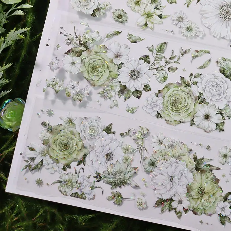 

Floral green white rose Flower Shiny Washi PET Tape