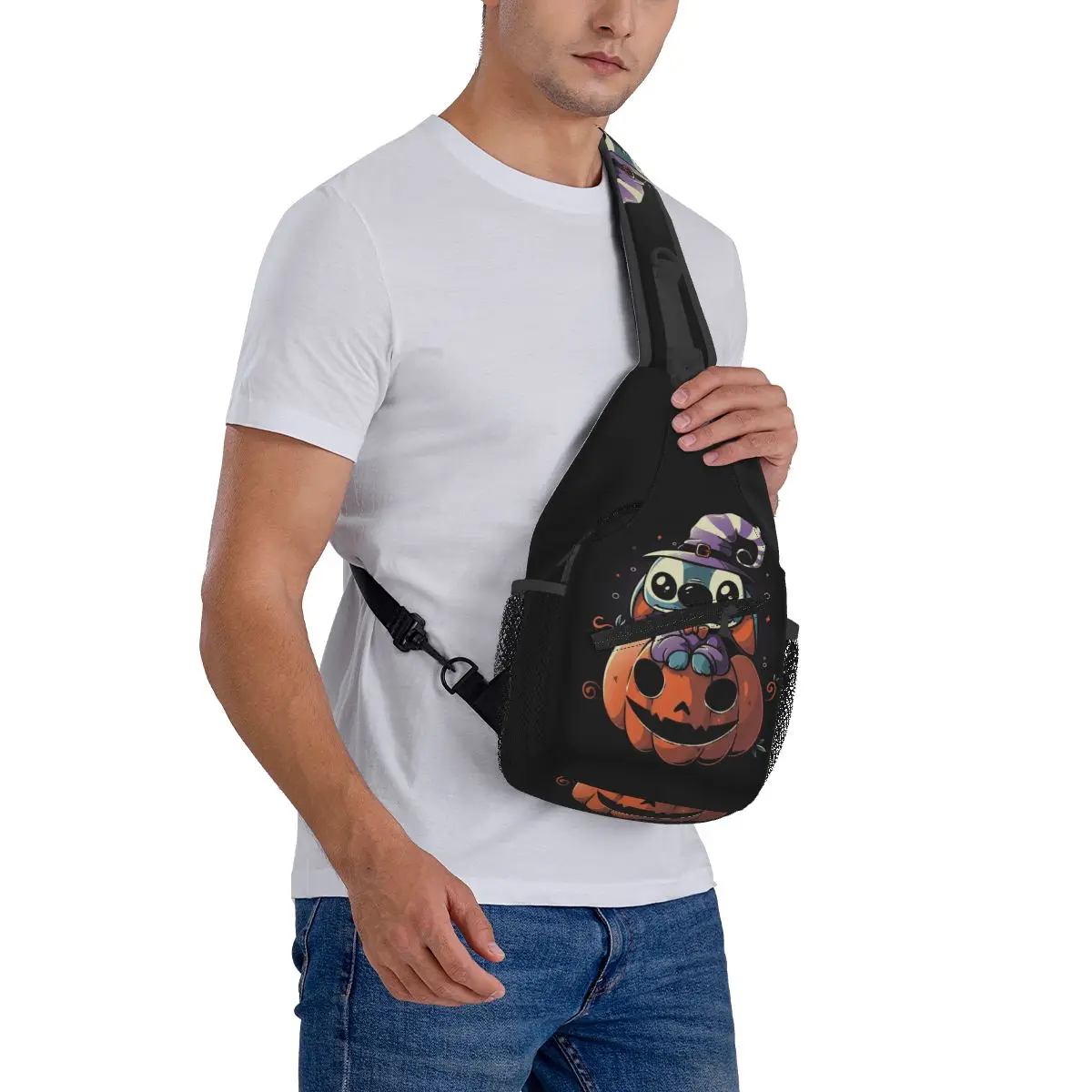 Custom Halloween Stitch Cartoon Sling Crossbody Backpack Water Resistant For Traveling Daypack Printing Shoulder Backpack