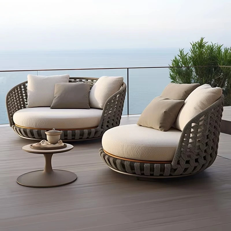 High quality modern hotel rope outdoor furniture luxury wicker fabric garden courtyard rattan sofa garden set outdoor furniture