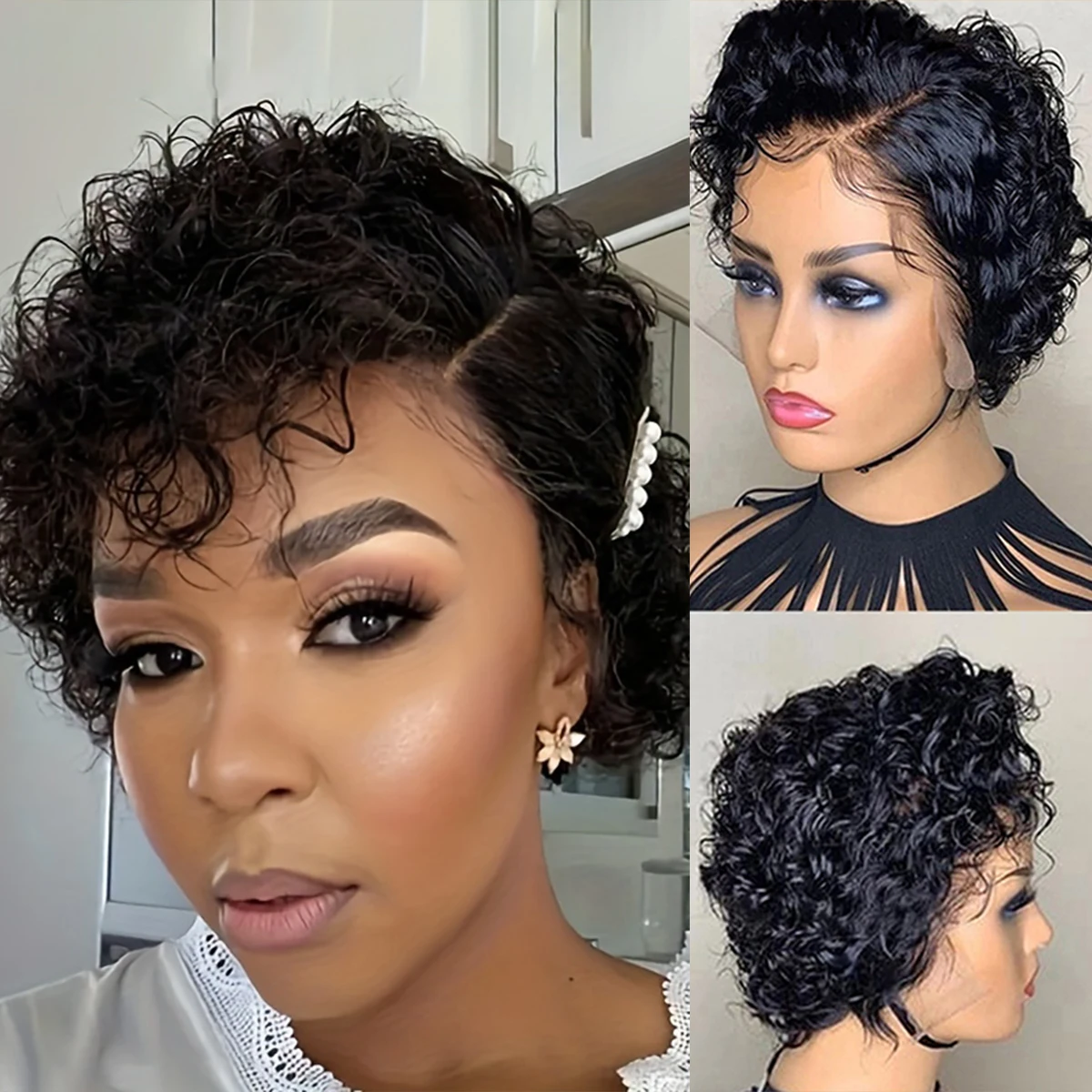 Pixie Cut Wig Human Hair 13X4X1 Lace Frontal T Part Lace Wig For Women Curly Wave Wigs