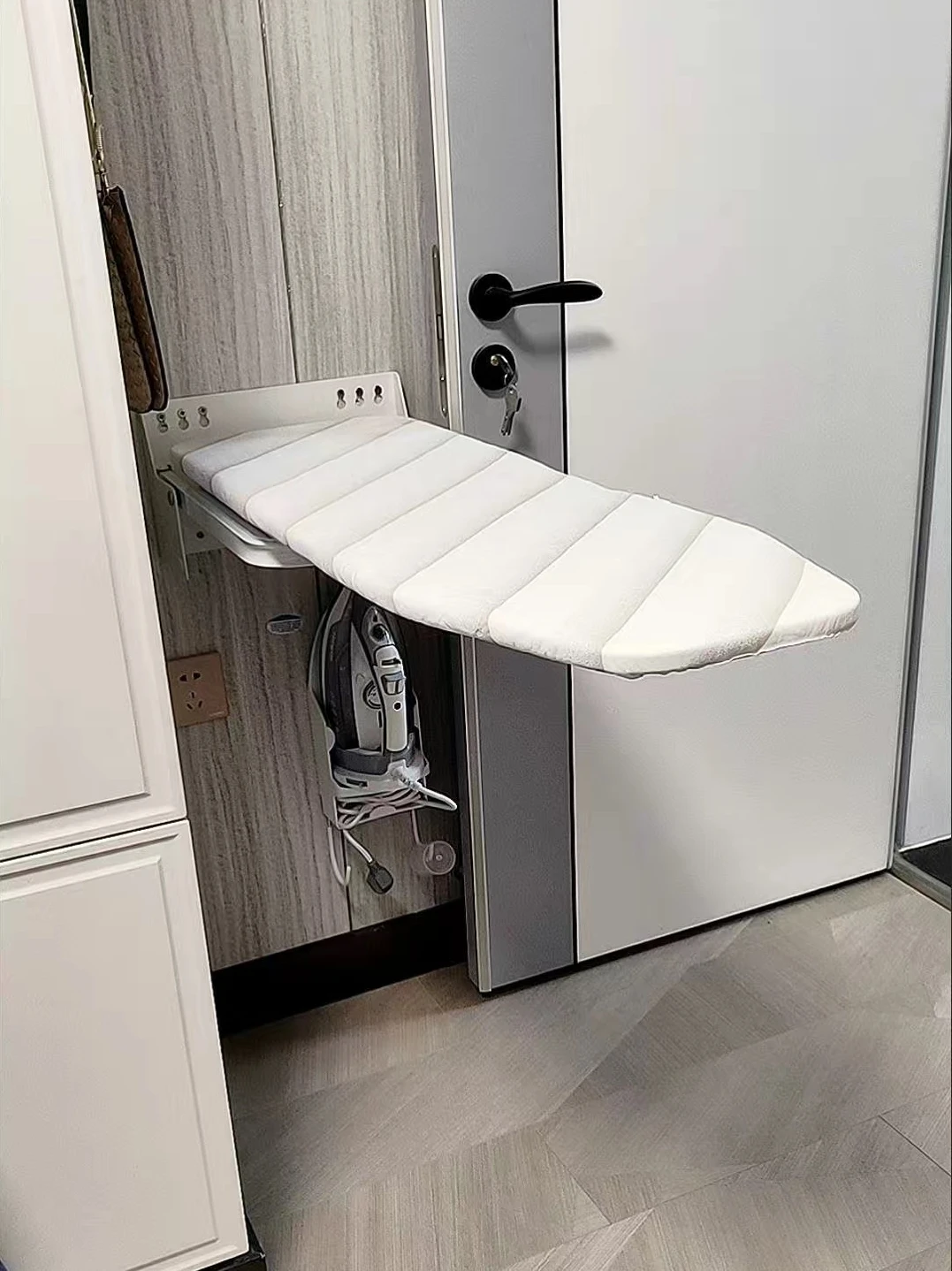 Wall mounted household folding wardrobe with concealed ironing board, electric iron rack, sliding damping ironing board