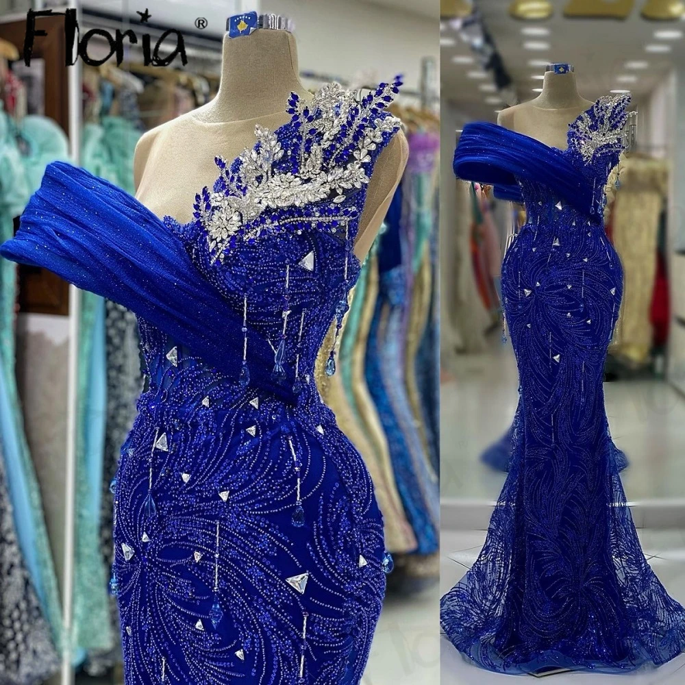 Personalizado fora do ombro frisado Dubai vestido de festa, Vestidos formais elegantes do baile, Vestidos de noite de casamento, Sereia azul royal, 2023, novo