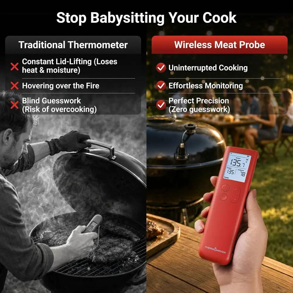 Bluetooth Wireless Meat Thermometer, Enhanced Sub-1G Signal, Stand Display Base, Certified Accuracy ±0.5°, Wi-Fi Range for BBQ,