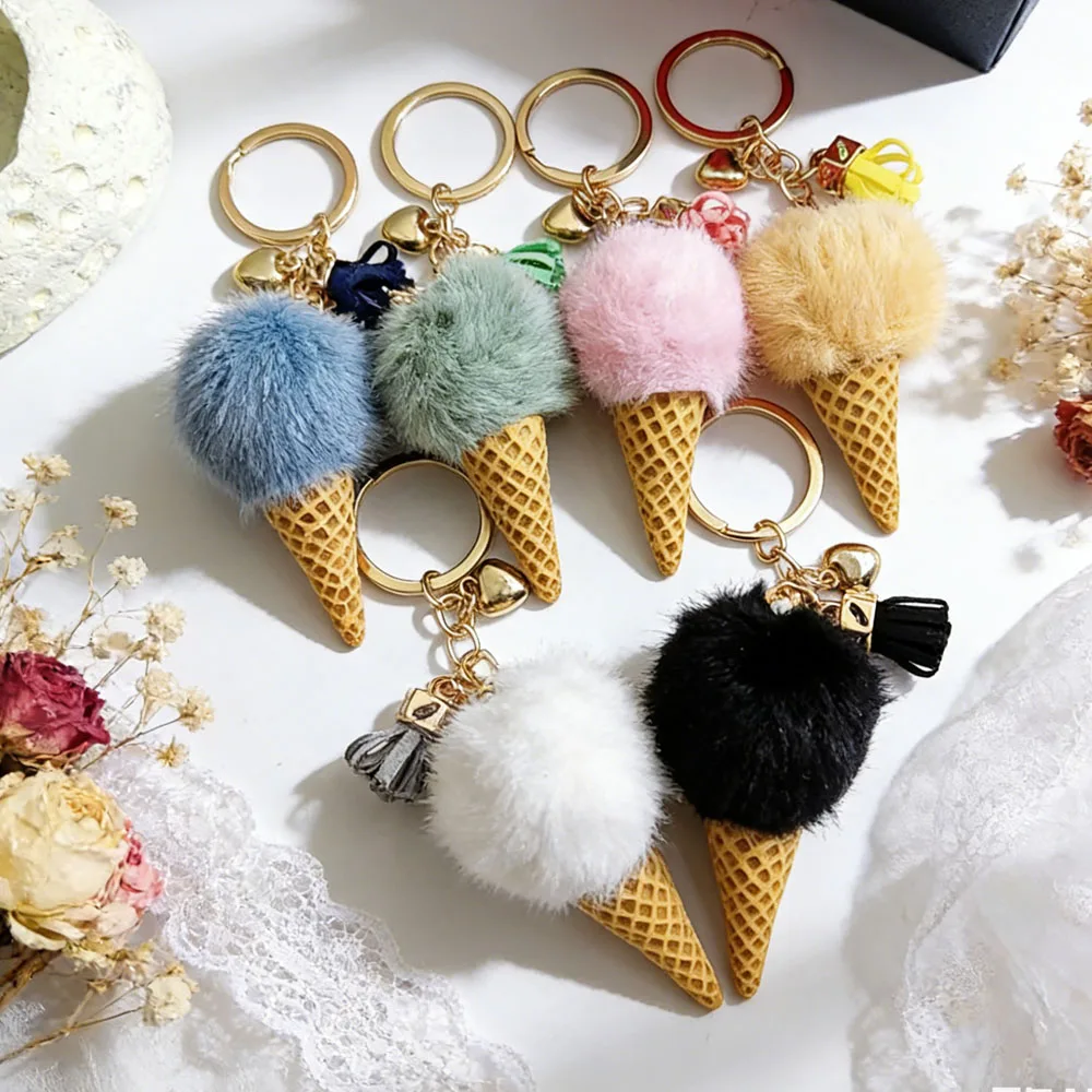 Quastenanhänger Handtaschen-Schlüsselanhänger Ring-Charm Dekoration Y2K Cartoon Eiscreme Schlüsselanhänger Niedlicher Plüsch Bonbonfarbener Pompon Schlüsselring Geschenk