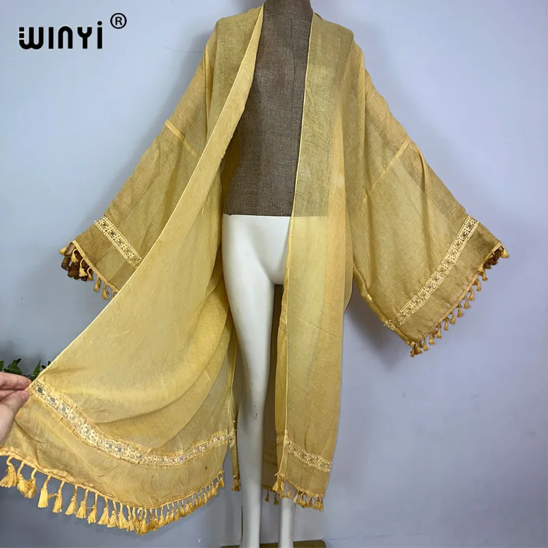 WINYI swimwear Monochrome fringed beaded women beach coat Loose Dress Party Boho Maxi Holiday Swimming Cover ups Kimono