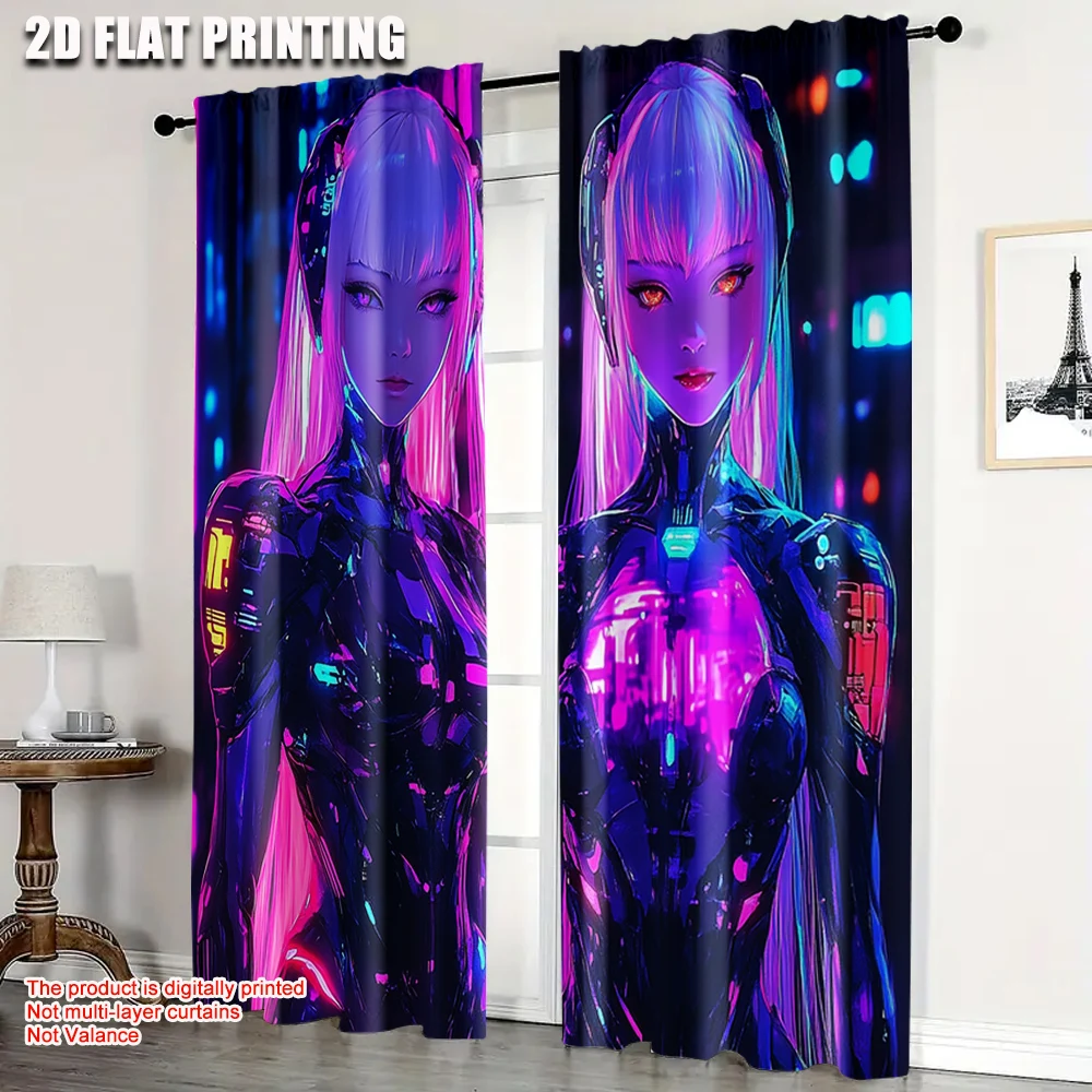 2pcs, Curtain Set 2D plane printing Vibrant Cyberpunk Anime Girl Durable 100% Polyester Fabric (without rod) Holiday Ldeal for
