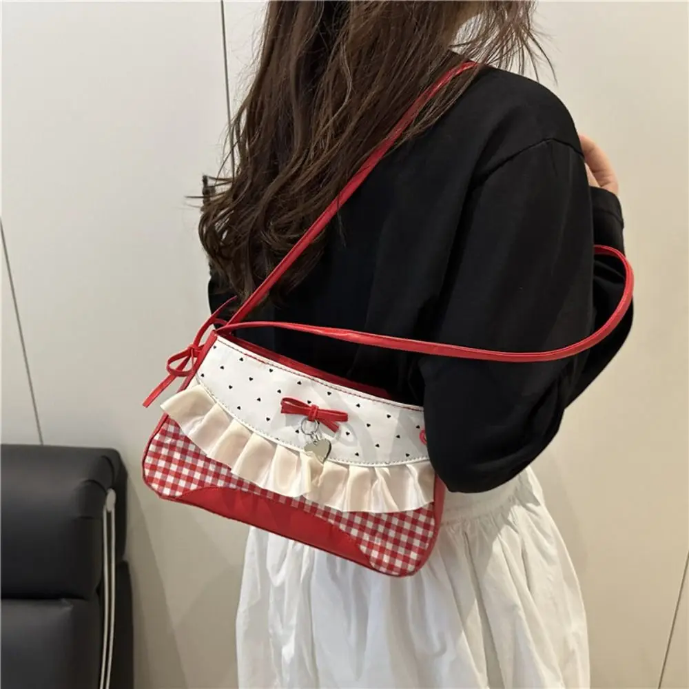 

Portable French Lace Bow Shoulder Bag Sweet Bowknot Polka Dot Handbag Korean Style PU Armpit Bag School