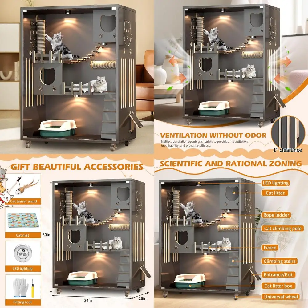 

Большой просторный деревянный кошачий домик с внутренними/наружными корпусами, многофункциональный закрытый кошачий домик на колесиках с ящиками