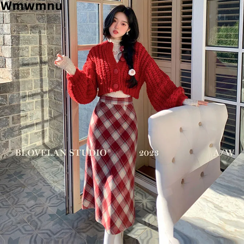 

Elegant Knitted Red Two Piece Sets Casual Single Breasted Sweater Cardigan Cropped Tops Conjunto Woolen Plaid Long Skirt Outfit