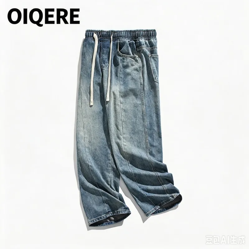 OIQERE Men Spring Autumn Blue Drawstring Jeans Loose Straight Leg Casual Long Trousers High Street Streetwear For Male