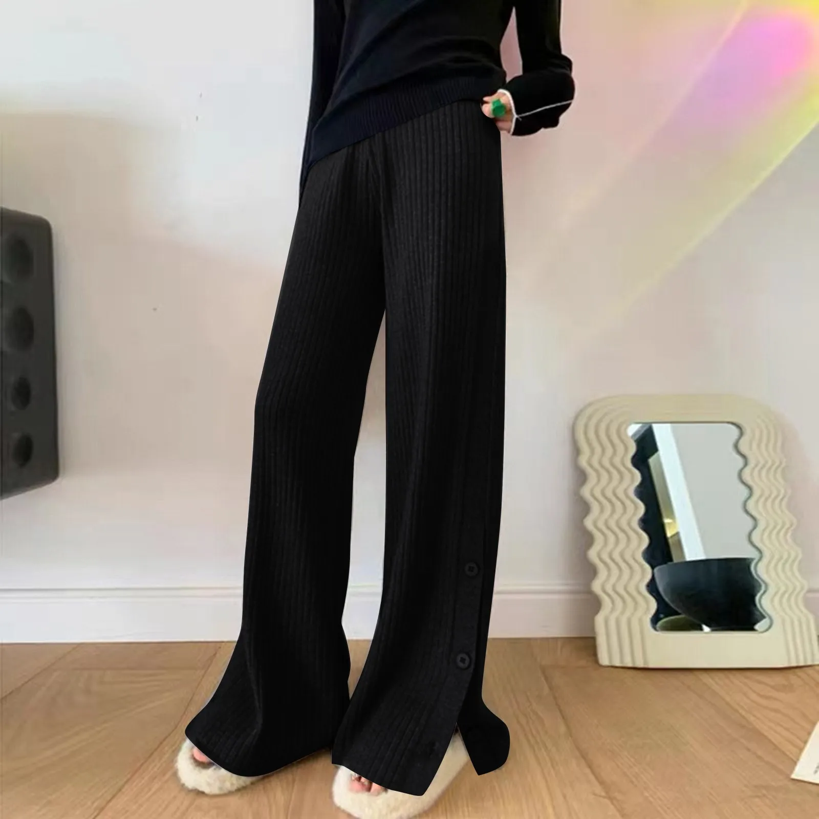 Wide Leg Casual Knitted Trousers Womens' Soild Rib Knit Pants Autumn Long Slacks Loose Straight Trousers For Female Ropa Mujer