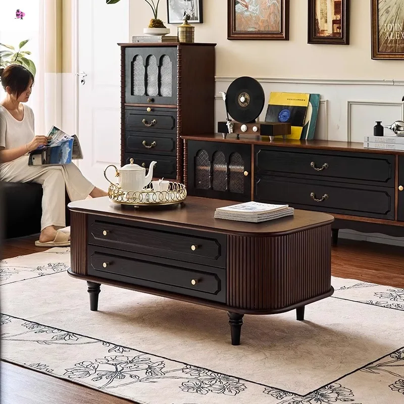 

wood coffee table, TV cabinet combination American style, small apartment living room home, oval medieval tea table