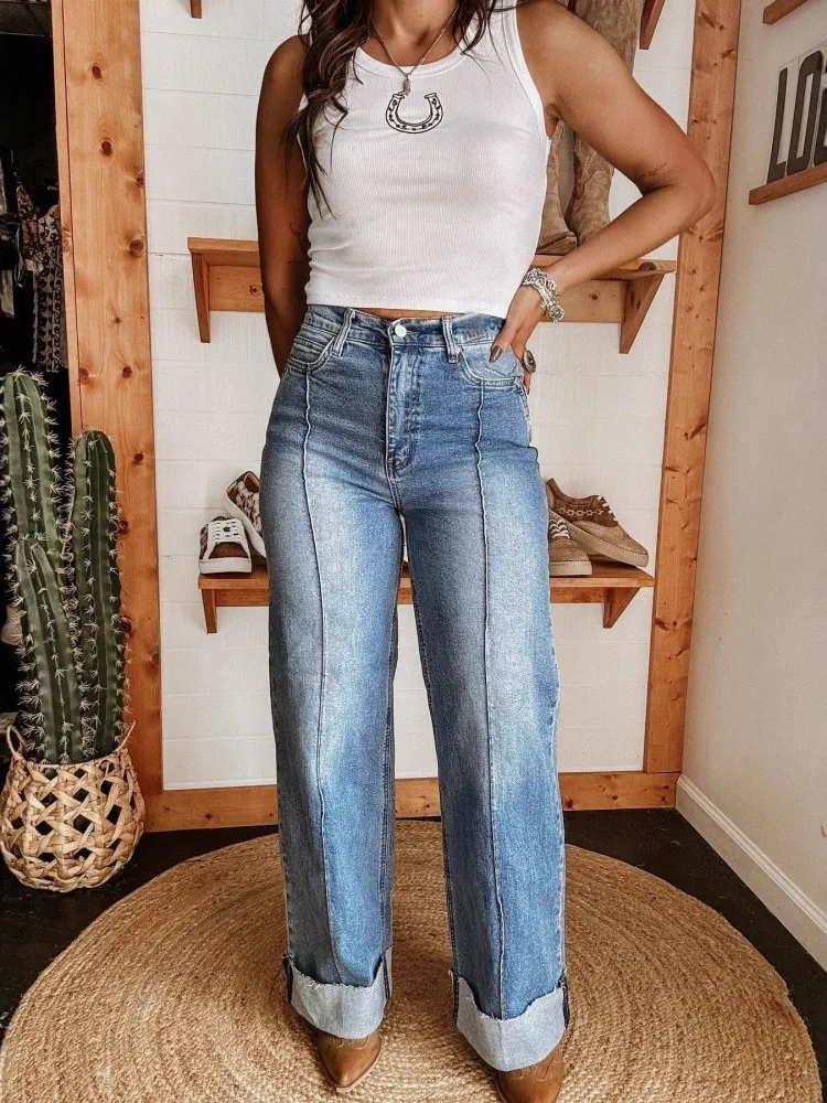 Celana Jeans Wanita High Waist Model Retro Streetwear Harajuku Musim Gugur, Celana Denim Longgar Kaki Lebar Model Lurus, Celana Baggy Y2K