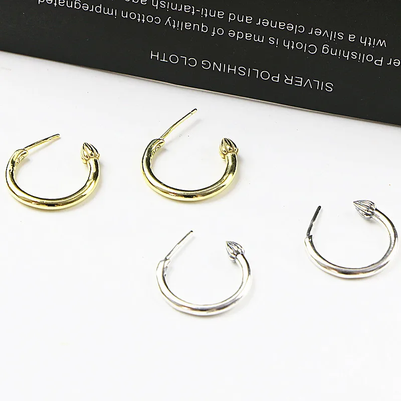 

Thai silver punk trendy men, Japanese and Korean willow nails, 24K gold earrings, simple personality, 925 sterling silver earrin