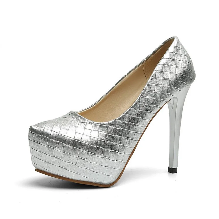 New Autumn 12CM High Heels Women Pumps Round Toe Slip On Stiletto Black Silver Woven Plaid Platform Party Office Lady Shoes Sexy