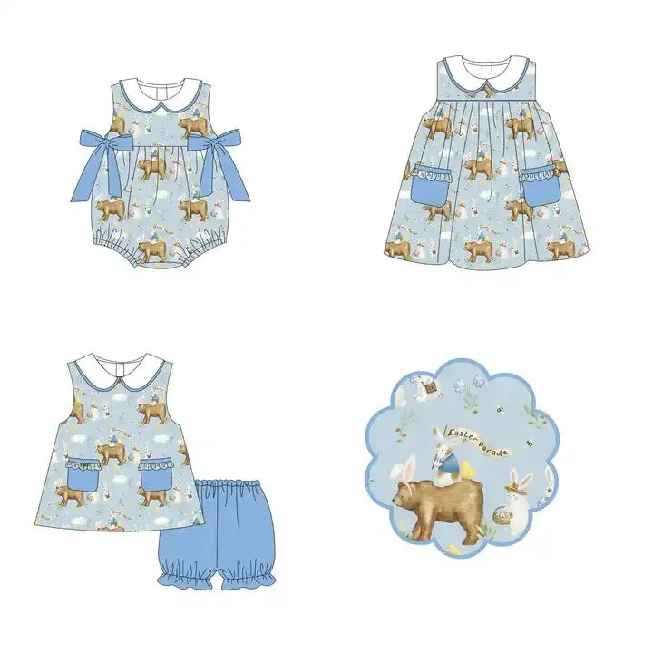 

Easter Boutique Sets Girls Collection Lapel Sleeveless Rabbit Cow Print Shorts Elastic Children's Sets Baby Onesies Girls Dress