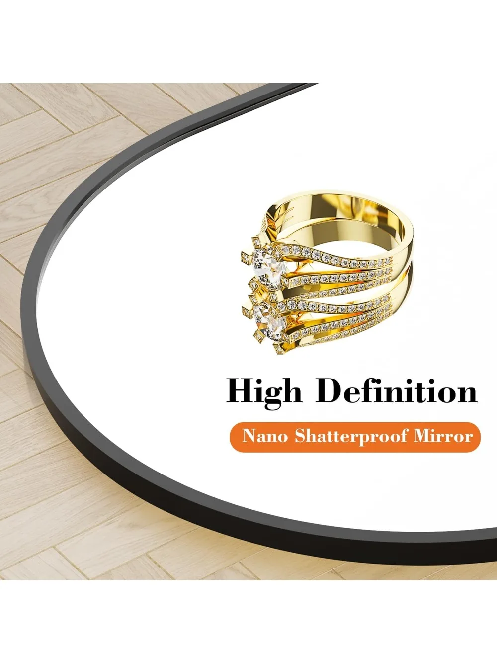 Espejo de longitud completa arqueado de 64"x21" con soporte, nanovidrio irrompible, marco de aluminio, negro