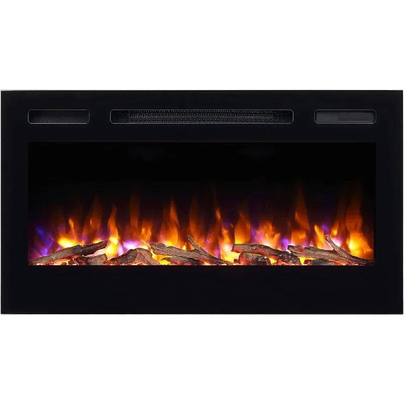 PuraFlame Alice 36 Inches Recessed Electric Fireplace, Flush Mounted for 2 X 6 Stud, Log Set & Crystal, 1500W Heater, Black