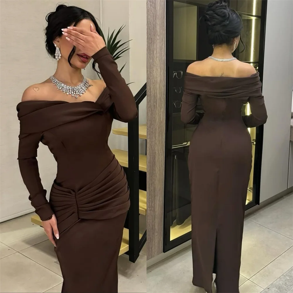 

Customized Fashion Classic Jersey Pleat Draped Straight Off-the-shoulder Midi Dresses Bespoke Occasion Dresses Sizes Available