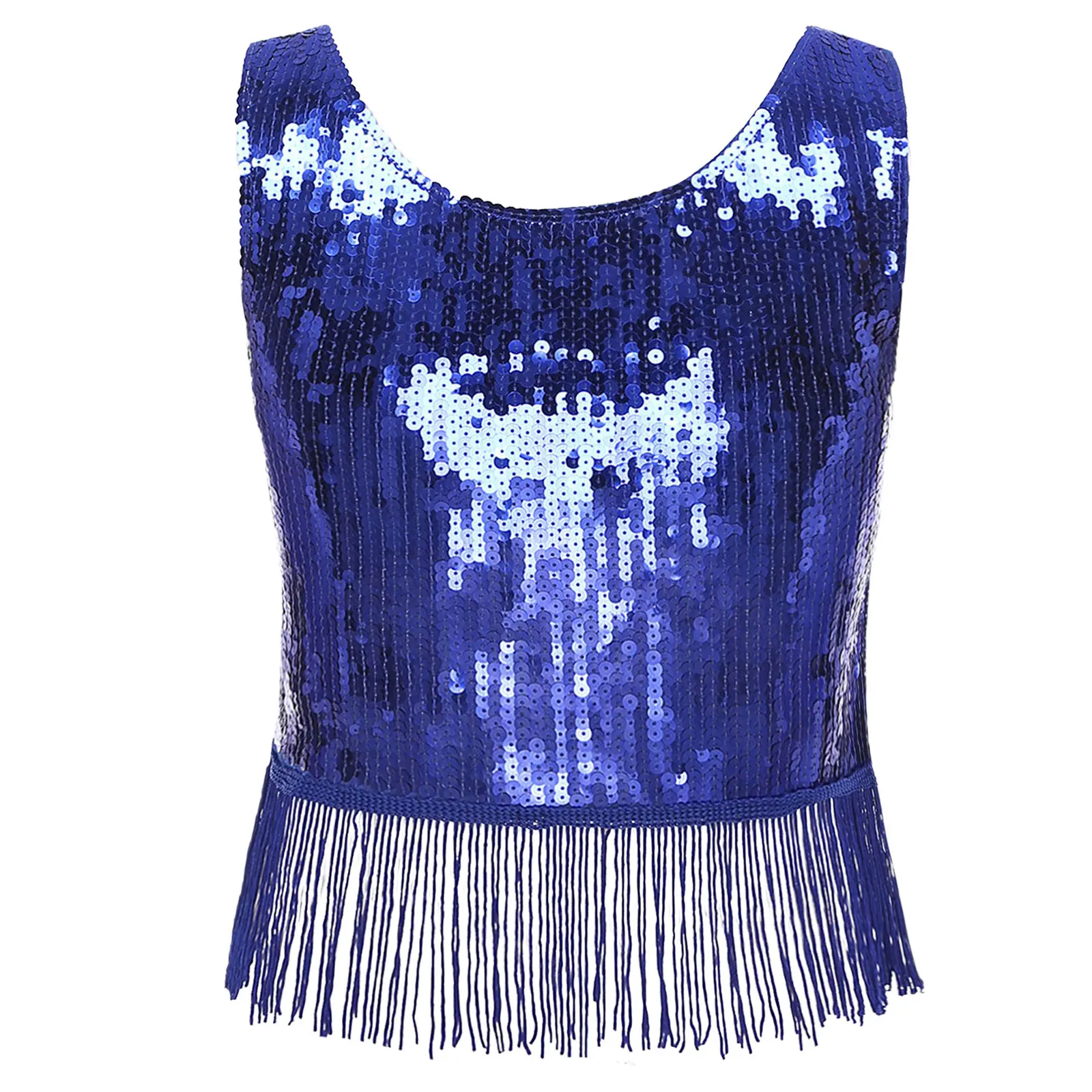 Women Summer Sequin Tassels Cropped Top Rave Party Clubwear Shiny Sleeveless Fringed Vest for Dance Nightclub Stage Performance