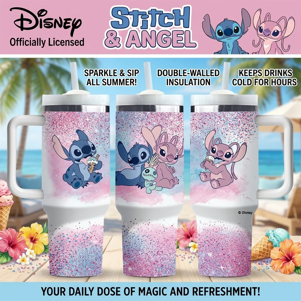 1pc 40oz Disney Stitch & Angel Insulated Stainless Steel Tumbler with Handle & Straw Hot Cold Water for Daily Use Travel Gift
