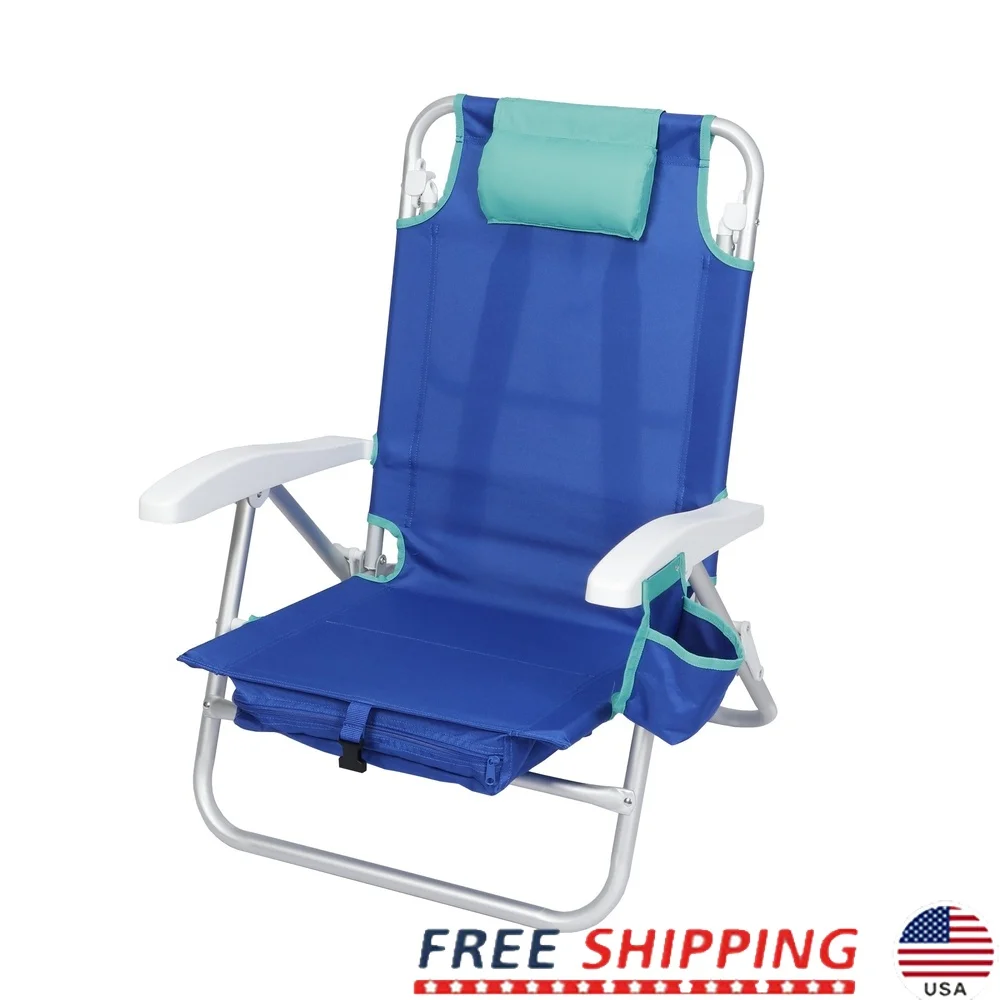 

Folding Reclining Backpack Beach Chair Adjustable Armrests Cup Holder Under-Seat Storage Lightweight Aluminum Frame Outdoor Use