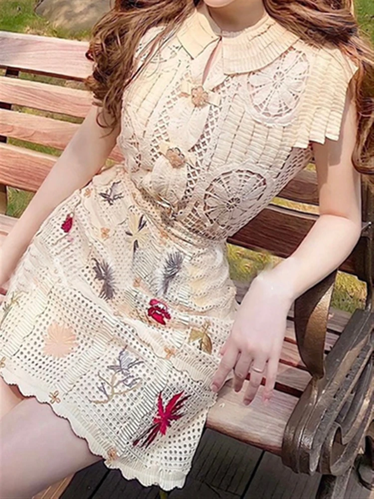 Woman Two Piece Set Women Clothing Elegant Embroidery Lace Single-breasted Summer Sleeveless Top Shirt + High Waist Skirt Set