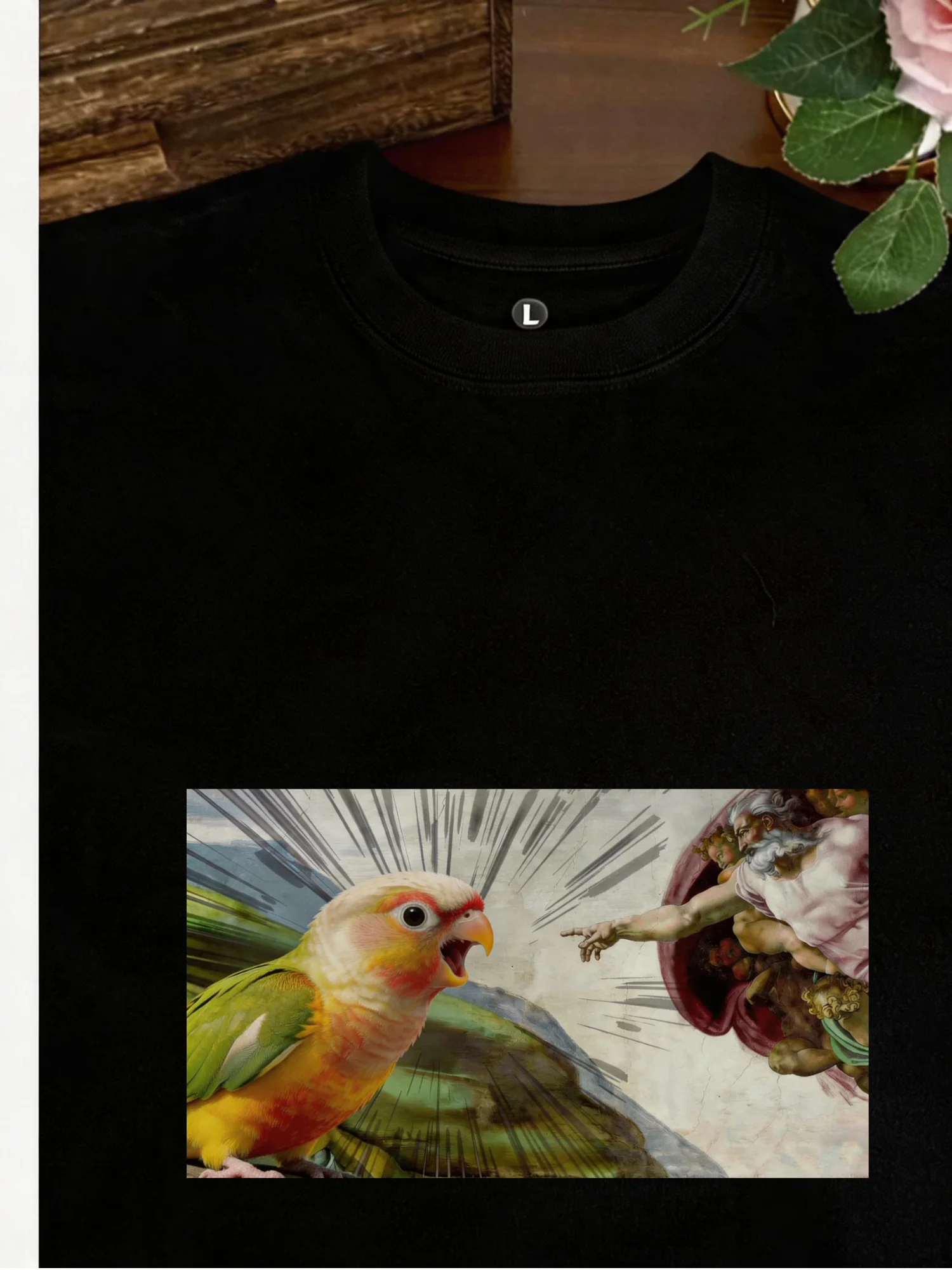 Loose Fit Pure Cotton Short Sleeve T-Shirt Creative Fun Print God And Parrot Design Unisex Couple Tee Breathable Comfortable