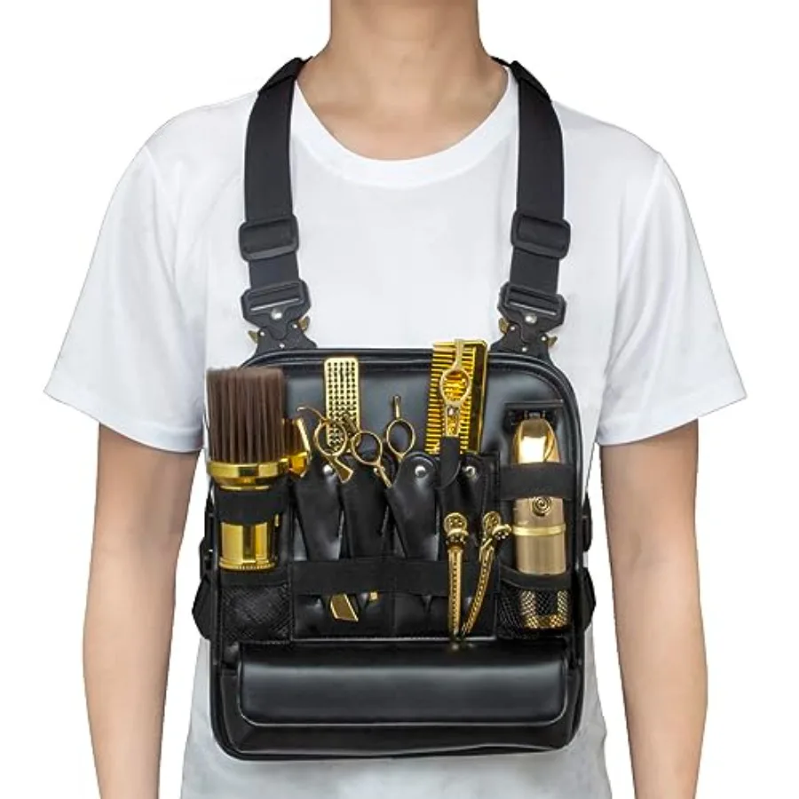 

Professional Chest Rig for Barbers - PU Leather Hairdresser Scissor Bag - Black Haircut Tools Storage Organizer for Clippers an