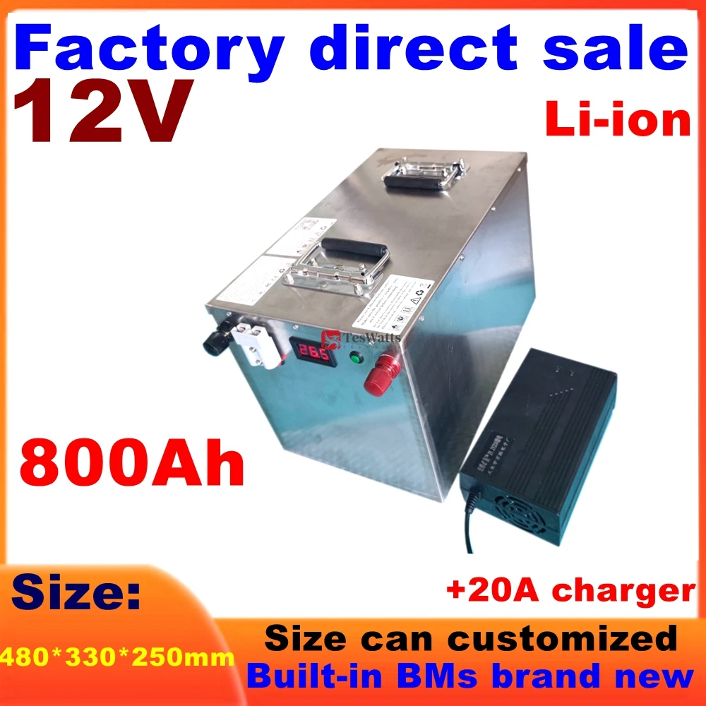 

Powerful 12V 800Ah lithium ion battery pack built-in BMS for RV solar system Steamer Machine motorhome +20A charger