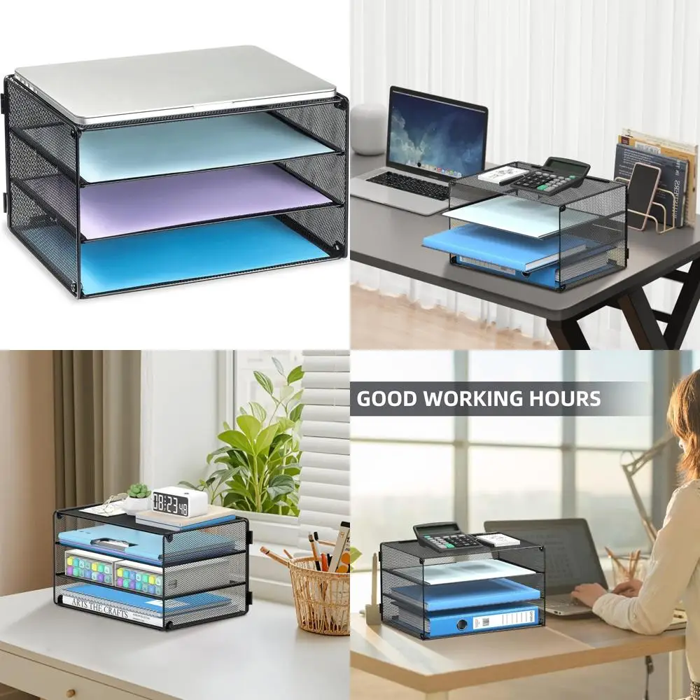 

3 tier letter tray paper organizer mesh metal desk file organizer for home & office, black