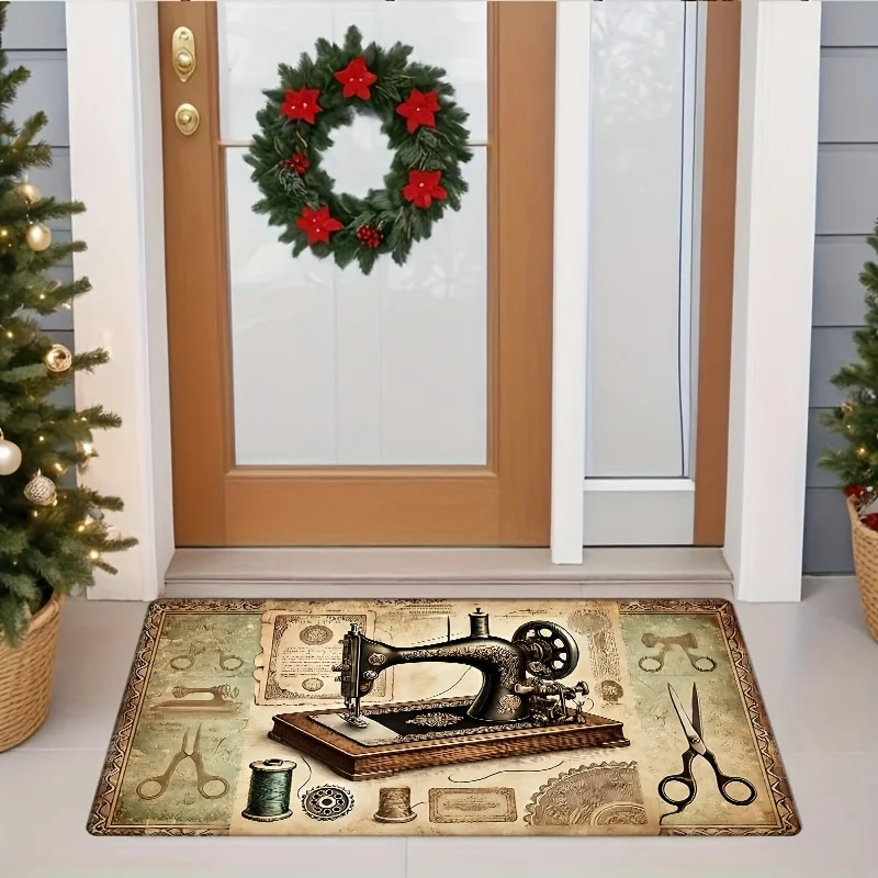 1pc 2D Flat Vintage Sewing Machine Christmas Wreath Flannel Door Mat Non Slip Craft Theme Rug For Holiday Entryway Floor