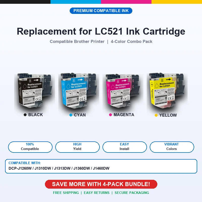 European Version LC521 Full Ink Cartridge Compatible for Brother DCP-J1260W J1310DW J1313DW J1360DW J1460DW Printer LC521BK