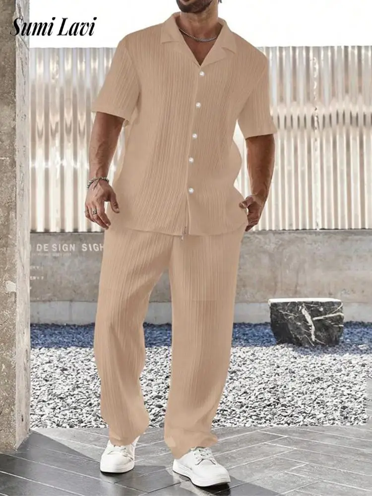 Simple Solid Color Casual Two Pieces Sets Men 2025 Summer New Fashion Short Sleeve Shirt And Trousers Mens Outfits Vintage Suits