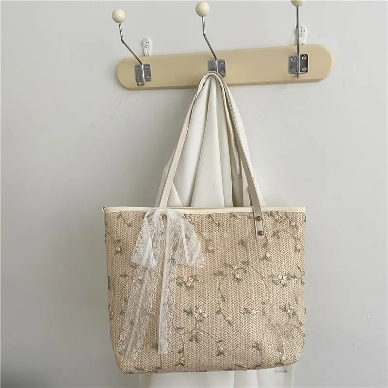 【CPI】Woven Straw Tote Bag With Floral Embroidery And Lace Bow Detail Shoulder Bag Perfect For Daily Commute Beach Trips Shopping