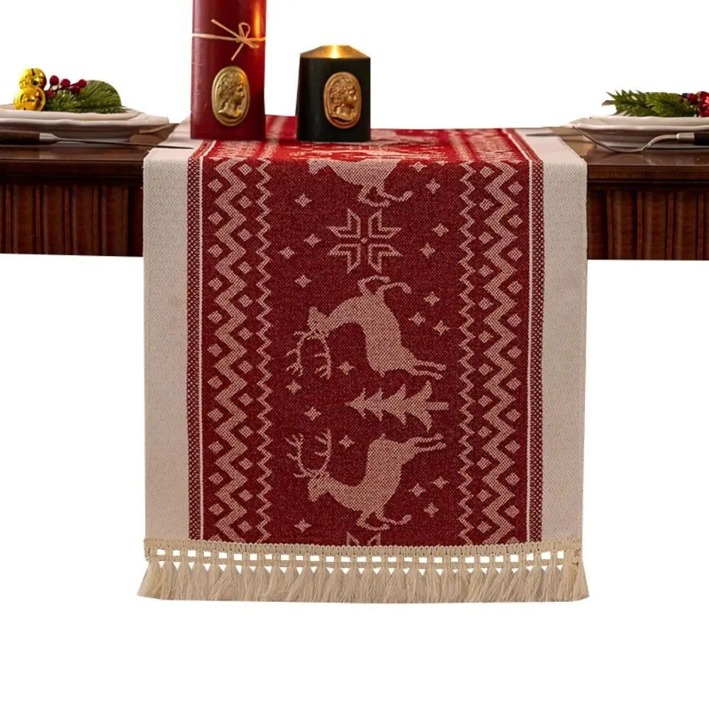 Rectangle Christmas Table Runner Thickened Christmas Tree Printed Elks Tablecloth with Tassels Red Xmas Desktop Decoration