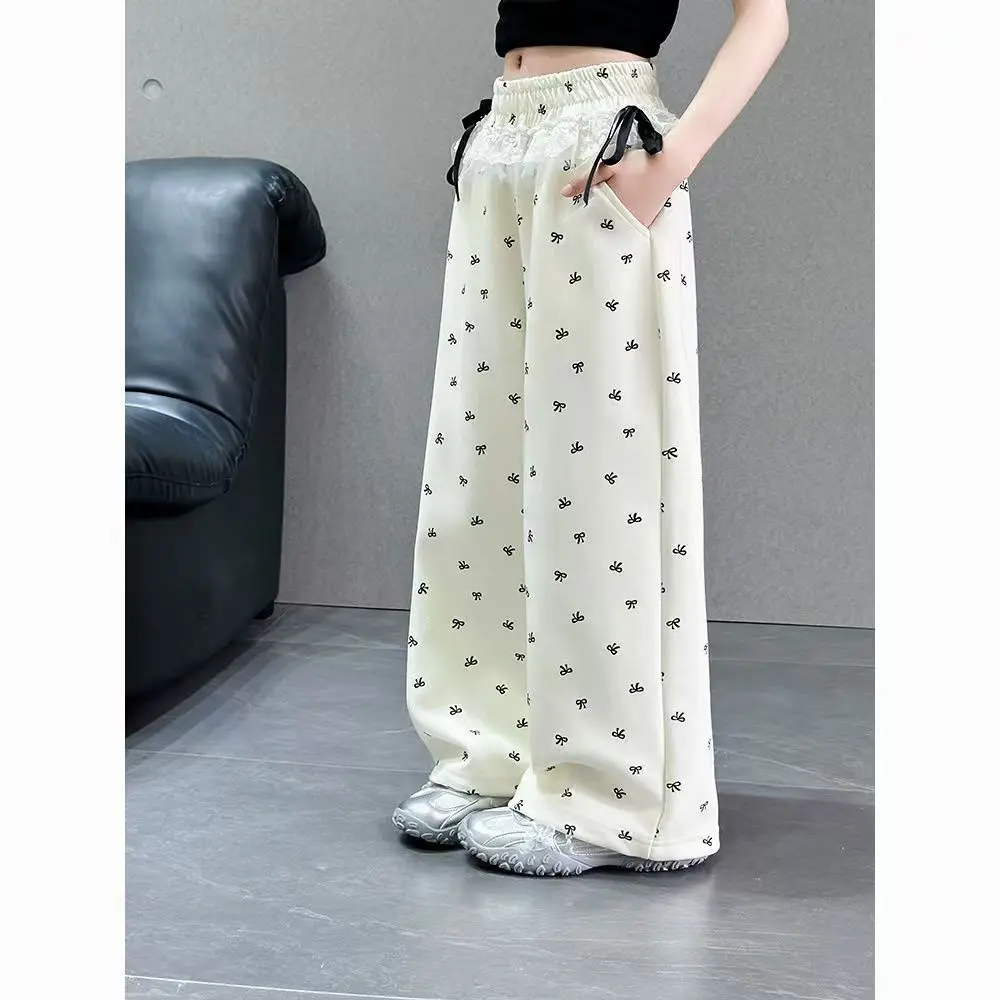 

Girls' 2026 New Bow Korean Edition Casual Pants Spring/Summer Knitted Thin Children's Sweet Cool Drop Wide Leg Pants