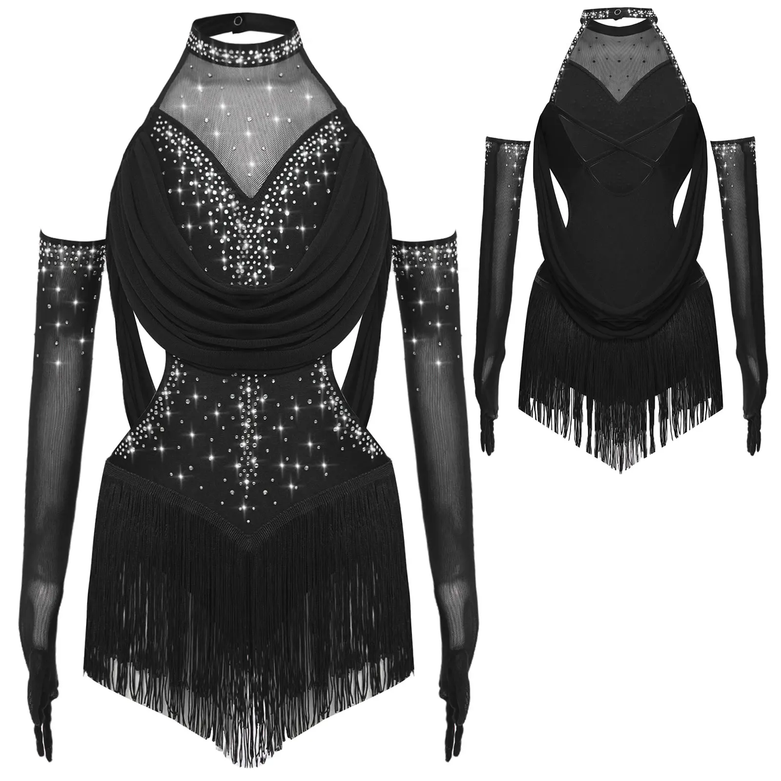 Girls Latin Jazz Rumba Samba Dance Costume Salsa Set Ruched Mesh Drapes Cutout Leotard with Tassel Skirts and 1 Pair Mesh Gloves image 3